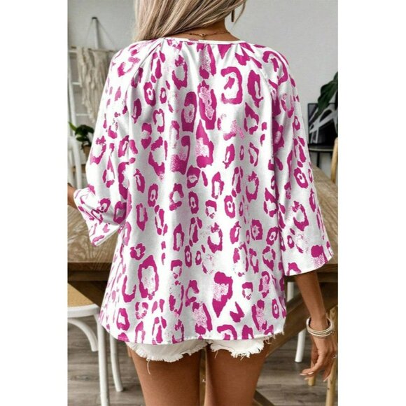 Leopard Print Ruched V Neck 3/4 Sleeve Blouse - Picture 5 of 8